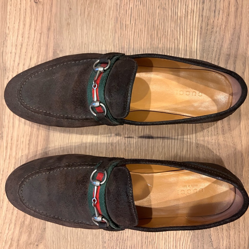 Gucci Brown Suede Horsebit Loafers with Green & Red Web
